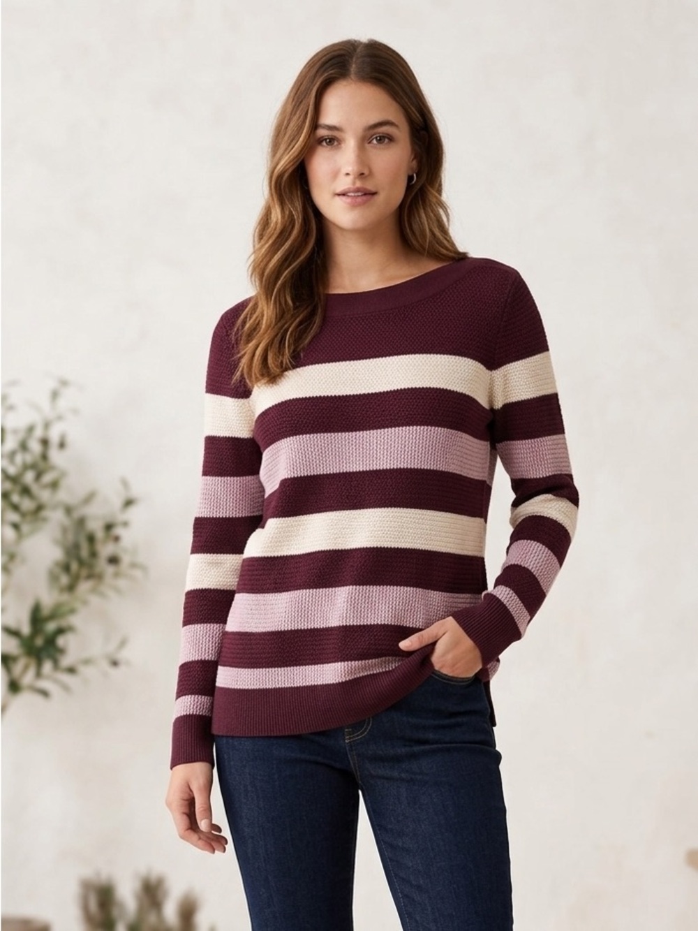 Market & Spruce Striped Off-the-Shoulder Sweater in Burgundy, Blush & Cream